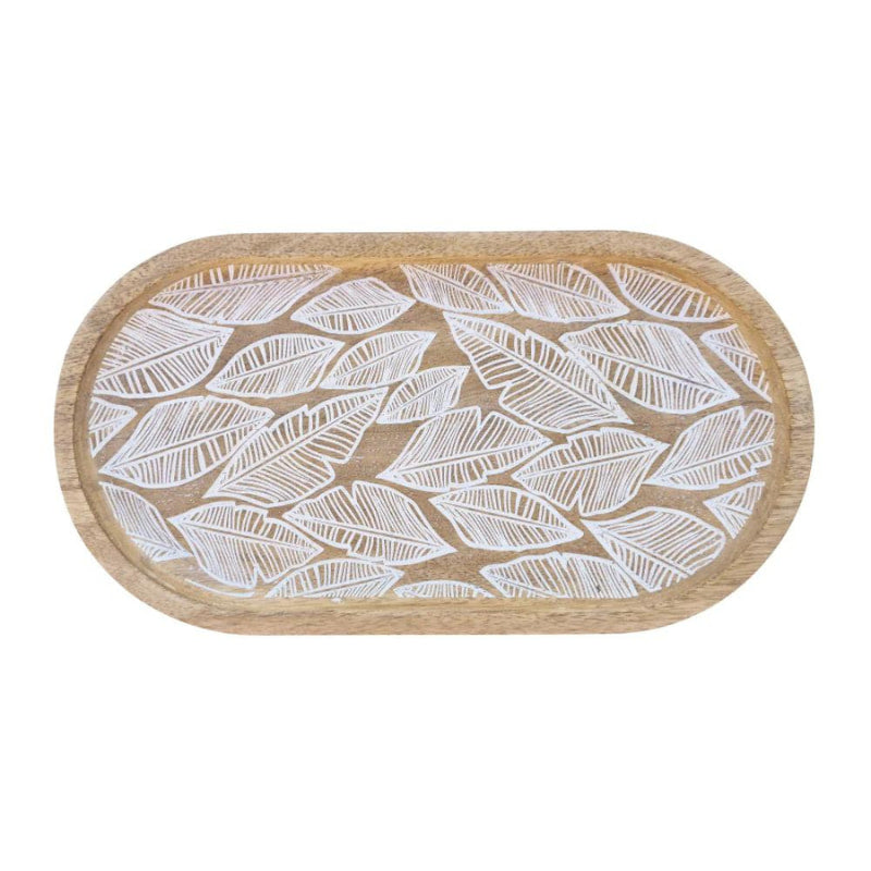 alt="A front photo details of natural oval serving tray feauturing a handcrafted delicate leaf design from high-quality mango wood."