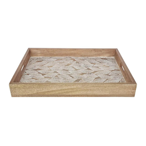 alt="A side details of natural serving tray featuring a handcrafted delicate leaf design from high-quality mango wood.