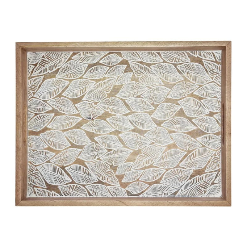 alt="A front photo details of natural serving tray featuring a handcrafted delicate leaf design from high-quality mango wood.