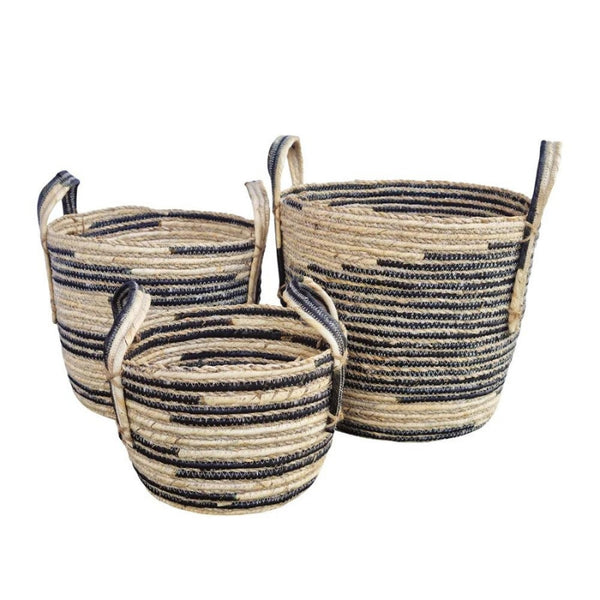 alt=" A front details of 3 baskets featuring its natural beauty and durability of seagrass."