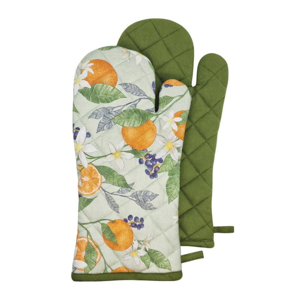 alt="Front and back details of oven mitt featuring its printed in high-quality onto cotton slab fabric."