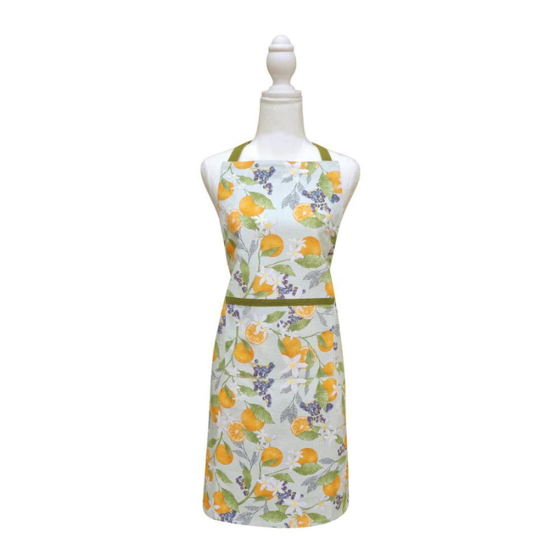 alt="Front details of seafoam and olive apron featuring its  printed in high-quality onto cotton slab fabric."