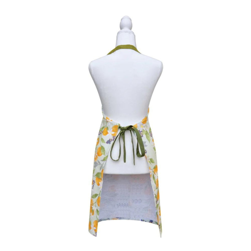 alt="Back details of seafoam and olive apron featuring its  printed in high-quality onto cotton slab fabric."