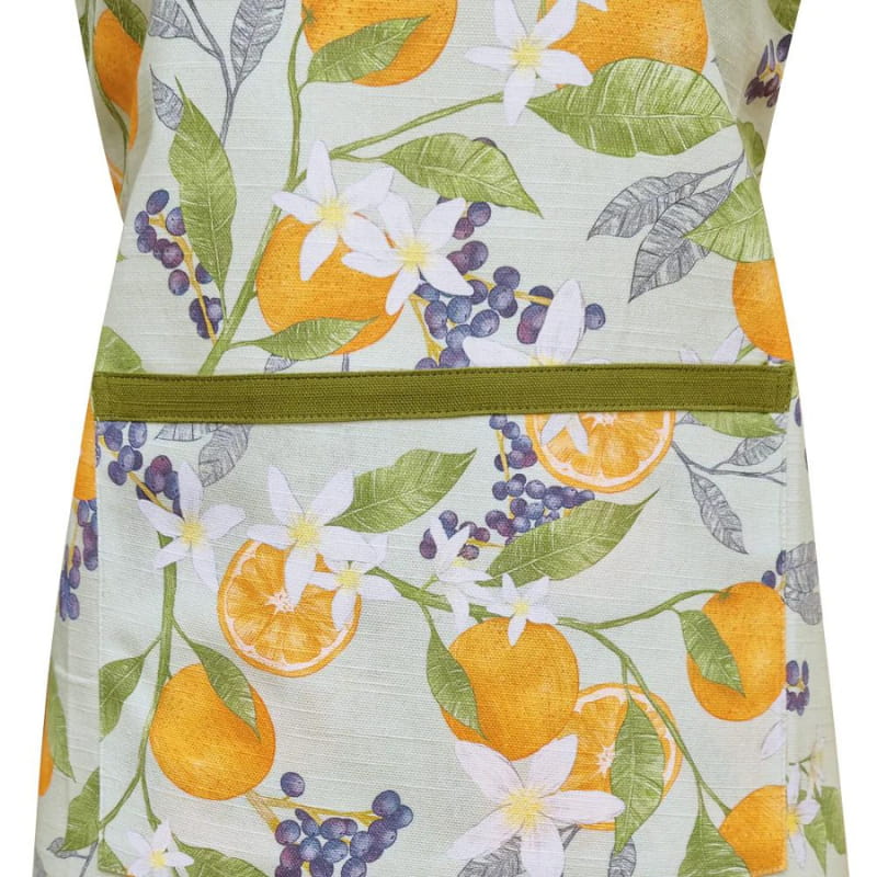 alt="Zoom in details of seafoam and olive apron featuring its high-quality onto cotton slab fabric."