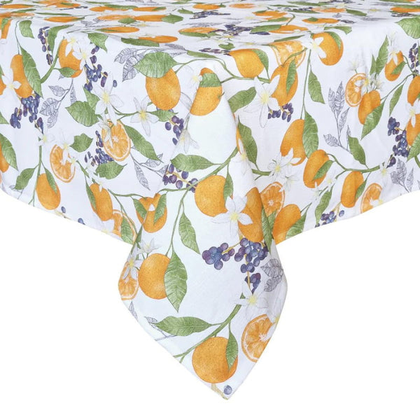 alt="Front details of white table cloth featuring its hand-drawn design and  high-quality onto cotton slab fabric."