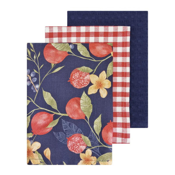 alt="Front details of navy  tea towel featuring different kind of prints"
