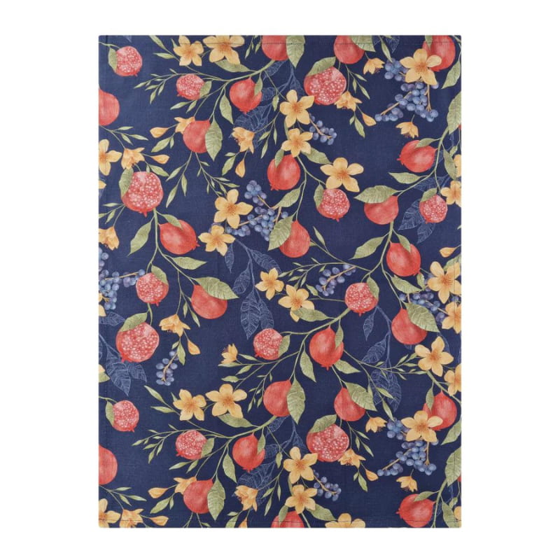 alt="Front details of navy tea towel featuring its hand-drawn floral prints"