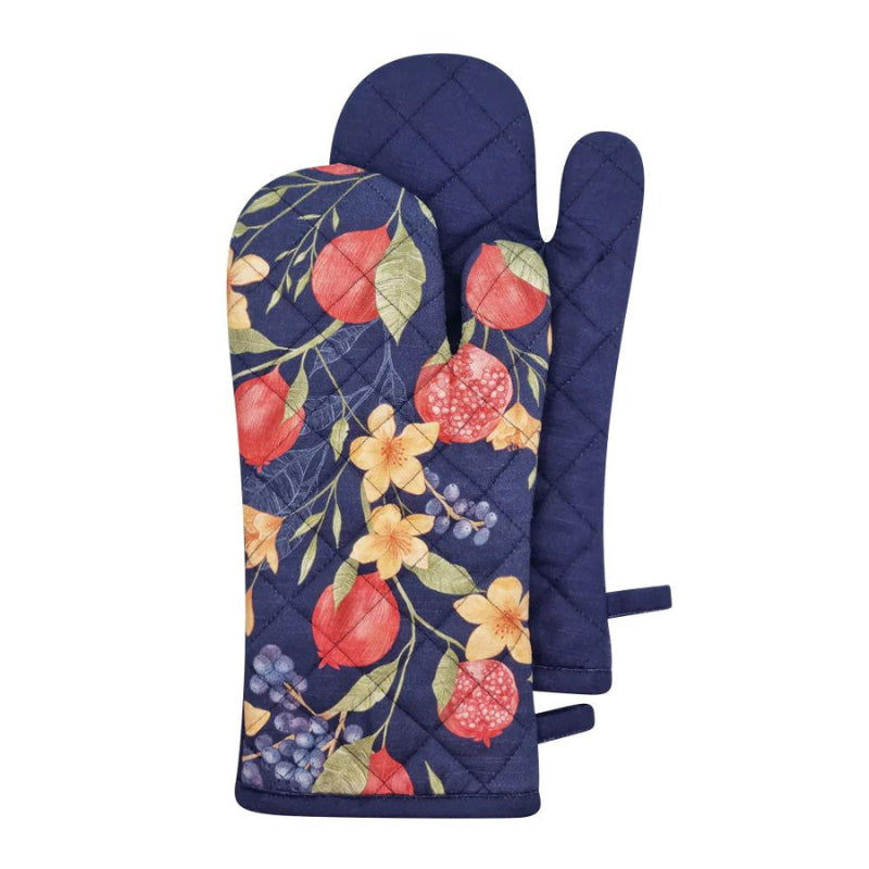 alt="Front details of a blue oven mitt featuring a pomegranate and floral design"