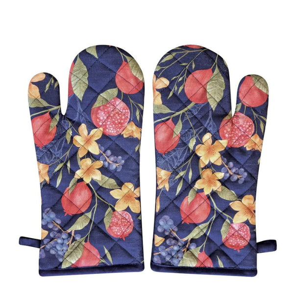 alt="Front details of a 2 pieces blue oven mitts featuring a pomegranate and floral design"