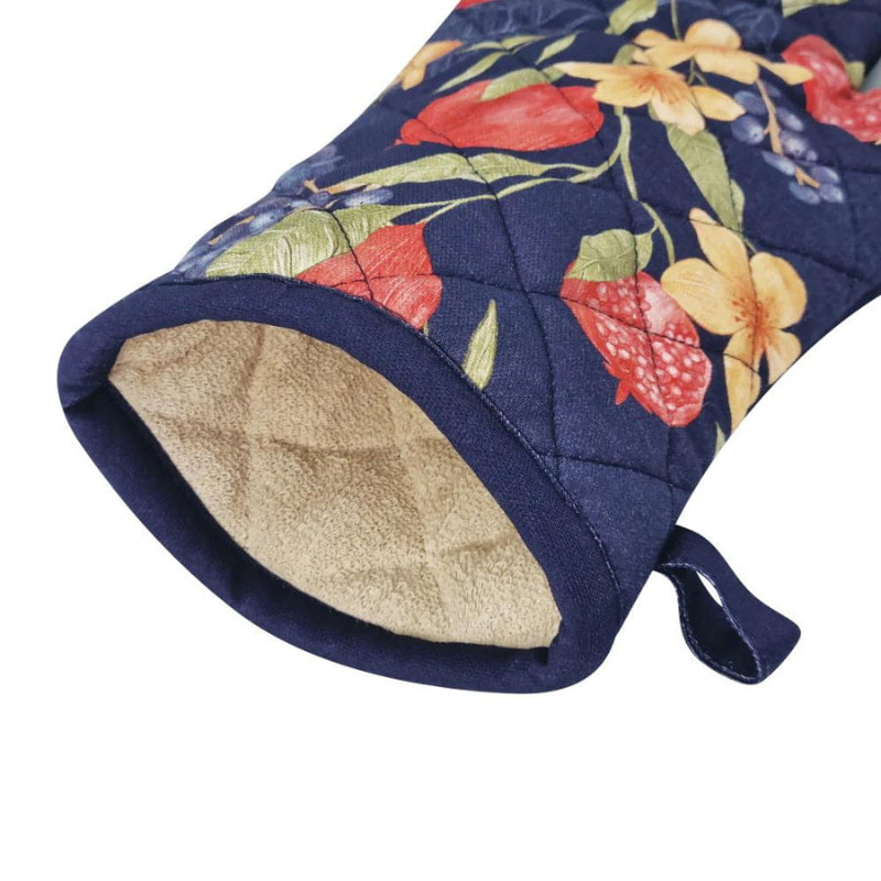 alt="Side details of a 2 pieces blue oven mitts featuring a pomegranate and floral design"
