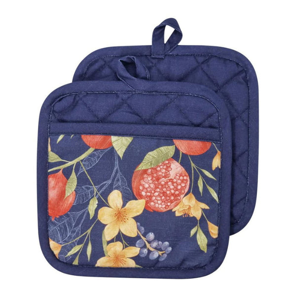 alt="Front details of navy pot holder featuring its hand-drawn floral prints"