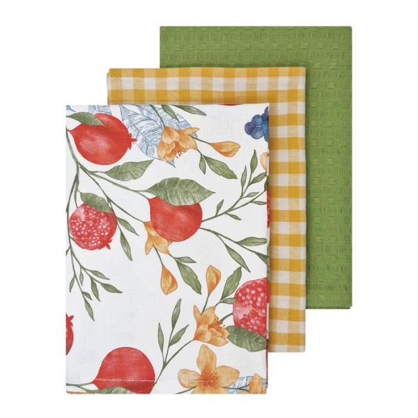 alt="A set of 3 tea towels featuring different designs and patterns"