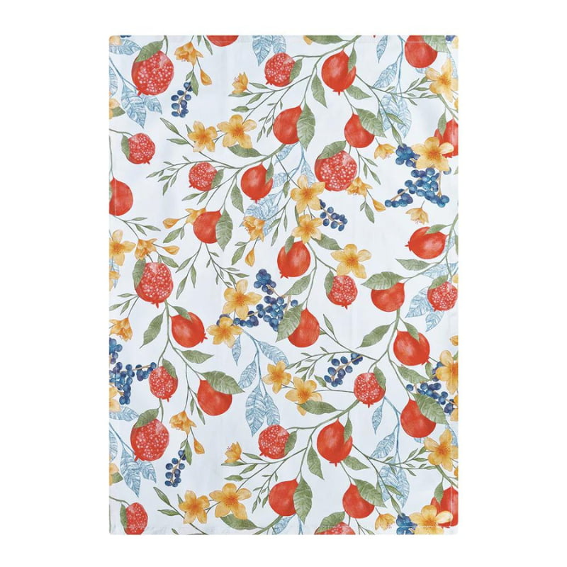 alt="A white multi tea towel featuring a pomegranate design"