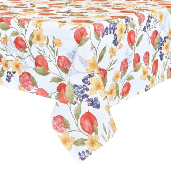 alt="Front details of a white tablecloth featuring an exclusive print designed"