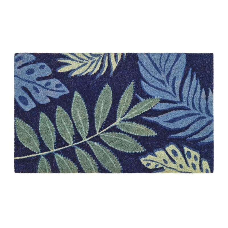alt="Front details of tropical leaves mat featuring its high quality coir materials and unique designs."