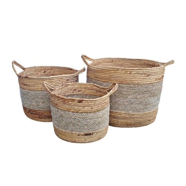 alt="A front details of 3 sets baskets featuring its natural beauty and durability of seagrass."