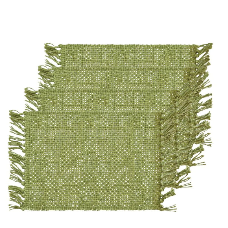 alt="A textured green jute design with playful fringe ends."