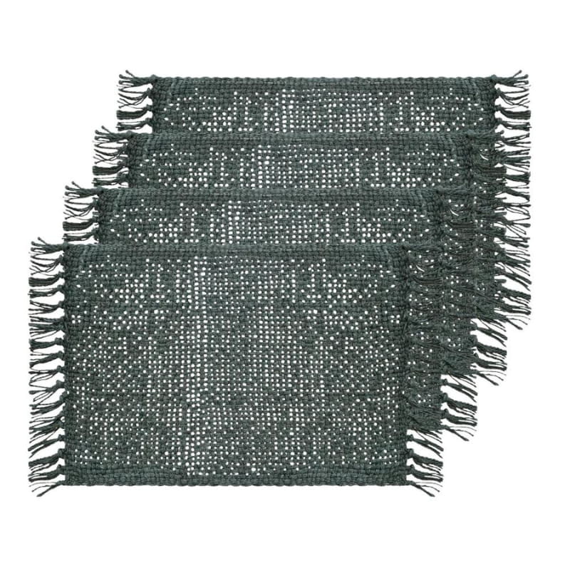 alt="Featuring a set of four green jute design with playful fringe ends."