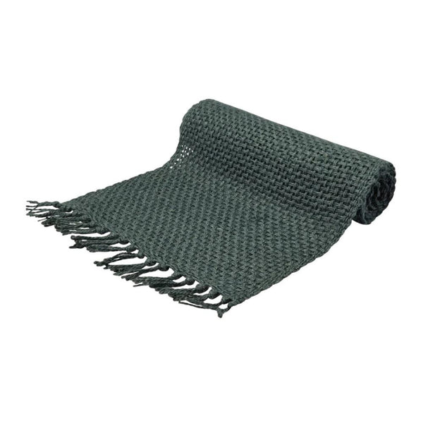 alt="Textured looser weave Jute Green Runner with playful fringe, eco-conscious choice."