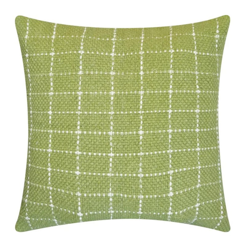 alt="Front details of a green cushion featuring a cream check pattern"