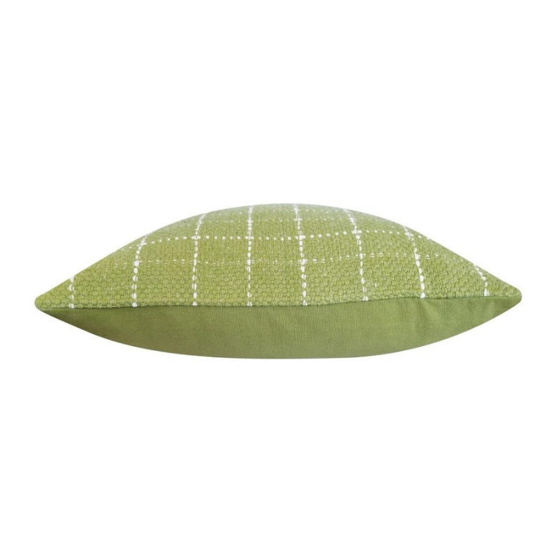 alt="Side details of a green cushion featuring a cream check pattern"