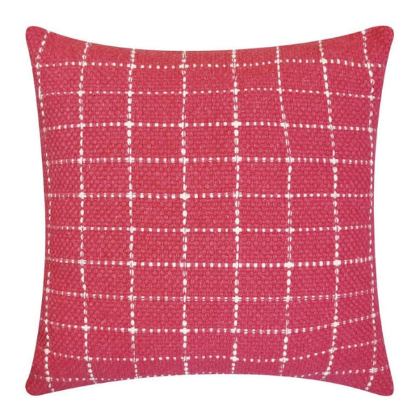 alt="Front details of a red cushion featuring a cream check pattern"