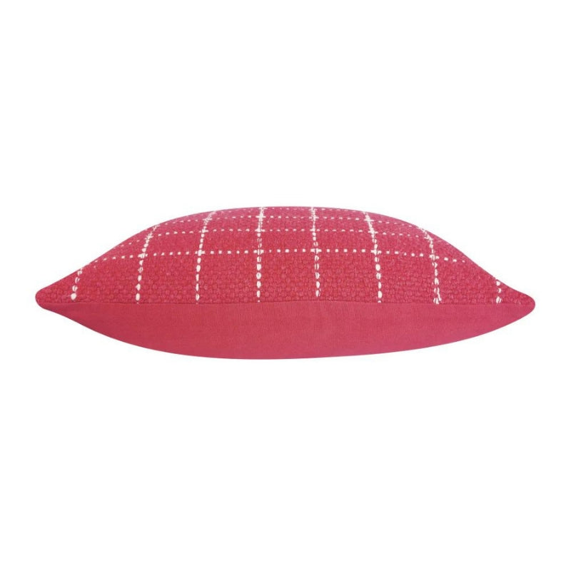 alt="Side details of a red cushion featuring a cream check pattern"