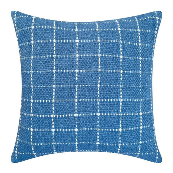 alt="Front details of a blue cushion featuring a cream check pattern"
