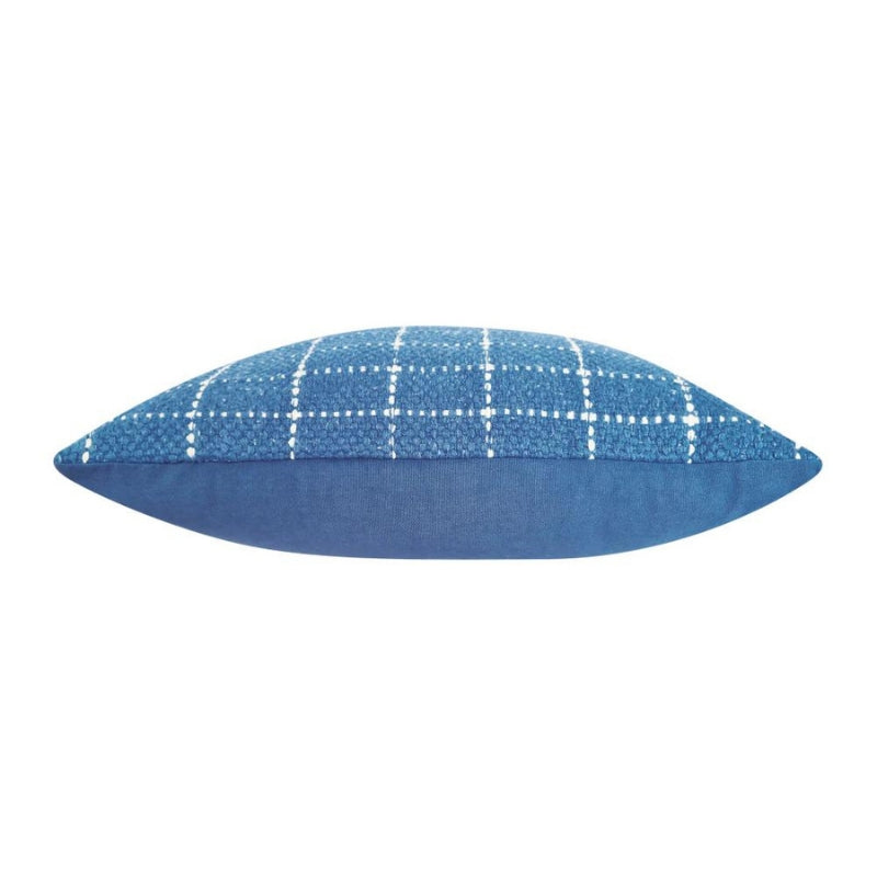 alt="Side details of a blue cushion featuring a cream check pattern"