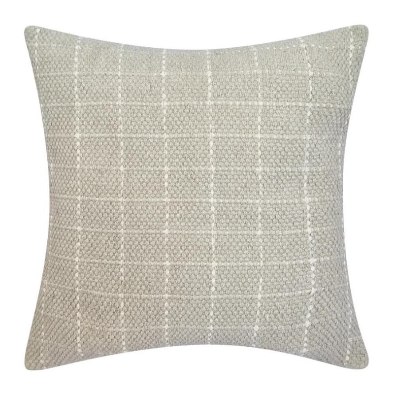 alt="Front details of a grey beige cushion featuring a cream check pattern"