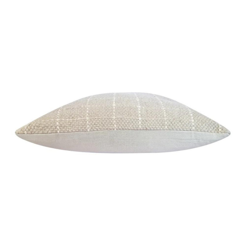 alt="Side details of a grey beige cushion featuring a cream check pattern"