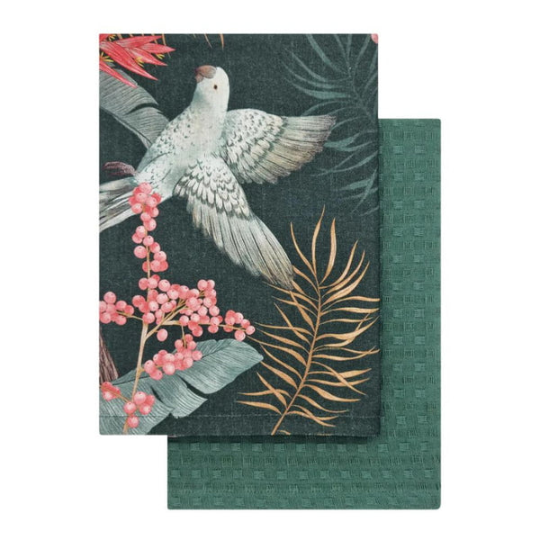 alt="A forest and evergreen tea towels with a vibrant array of tropical birds surrounded by lush foliage"
