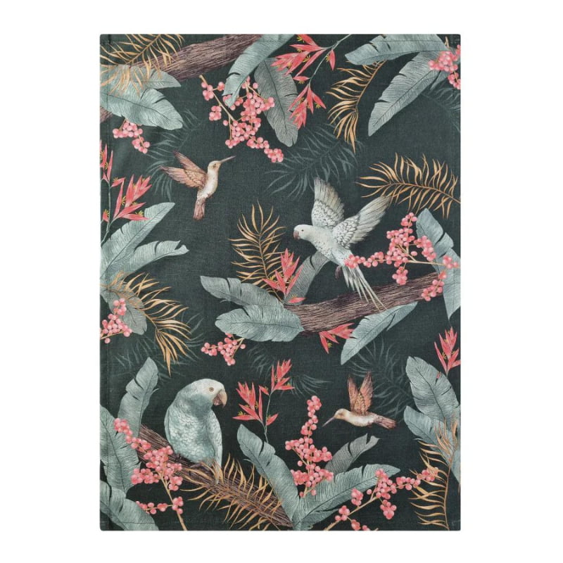 alt="A forest and evergreen tea towels with a vibrant array of tropical birds surrounded by lush foliage"