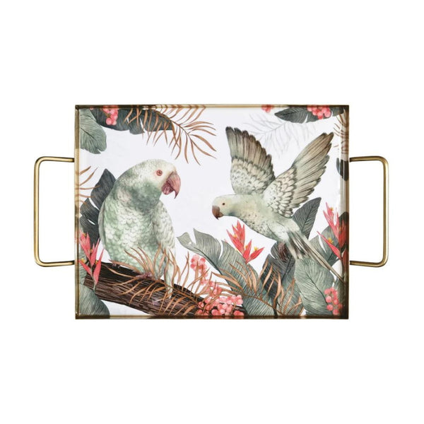 alt="A medium-sized Tropical rectangle tray designed with images of birds and plants."