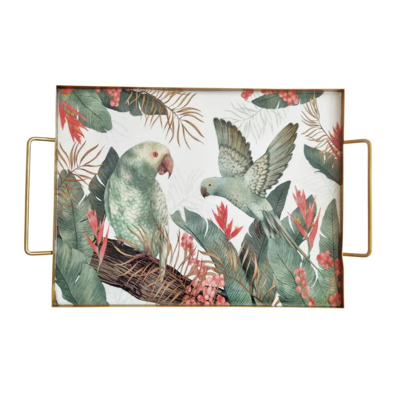 alt="A large-sized Tropical rectangle tray designed with images of birds and plants."