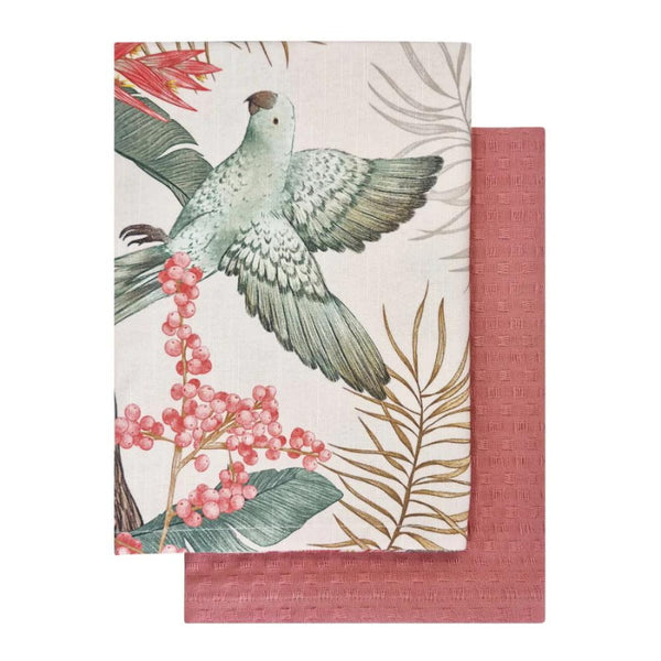 alt="A shell pink and coral tea towels with a vibrant array of tropical birds surrounded by lush foliage"