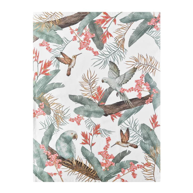 alt="A shell pink and coral tea towels with a vibrant array of tropical birds surrounded by lush foliage"