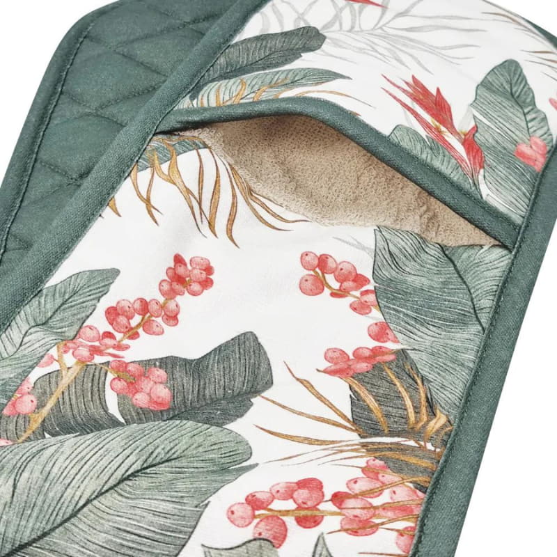 alt="Closer look of an exclusive hand-drawn tropical bird and lush foliage design on high-quality materials."