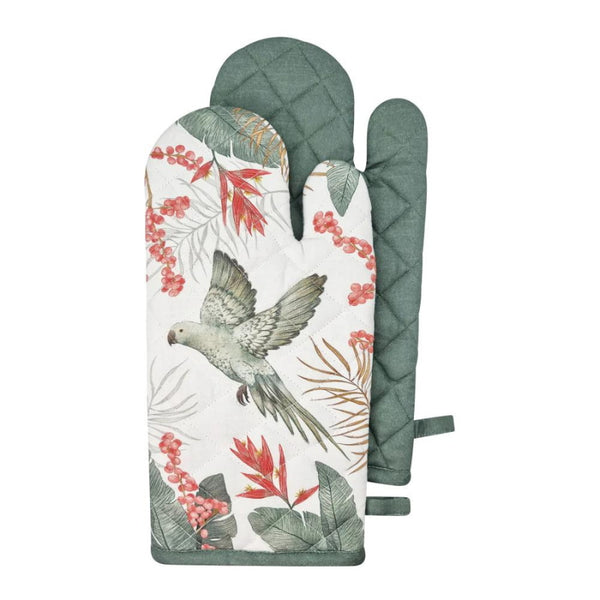 alt="Stunning oven mitt featuring an exclusive hand-drawn tropical bird and foliage design."