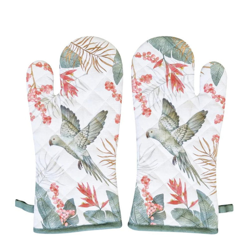 alt="Stunning oven mitt featuring an exclusive hand-drawn tropical bird and foliage design."