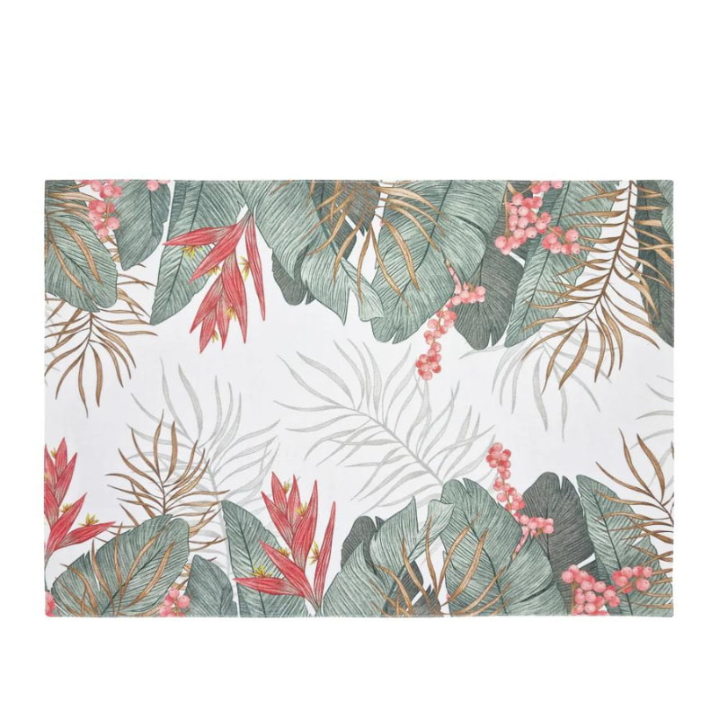 alt="Showcasing a Tropical Collection placemats featuring a vibrant hand-drawn bird and foliage print on high-quality cotton."