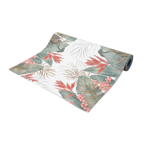  alt="Table runner with a hand-drawn Tropical Collection design featuring lush foliage."