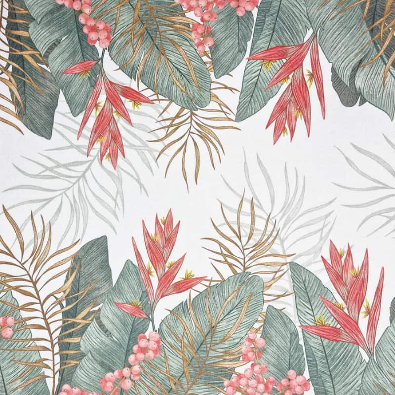 alt="Close up look of a table runner with a hand-drawn Tropical Collection design featuring lush foliage."