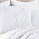 Zoom in details of a white comforter and pillowcase which create a serene and elegant bedroom atmosphere with classic ruffle design and luxurious comfort.