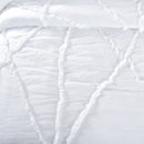 Detailed shot of a white comforter which creates a serene and elegant bedroom atmosphere with classic ruffle design and luxurious comfort.