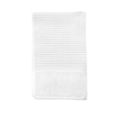 A white hand towel elegantly folded against a white backdrop, emphasizing its softness and stylish appeal for a cosy bathroom vibe.
