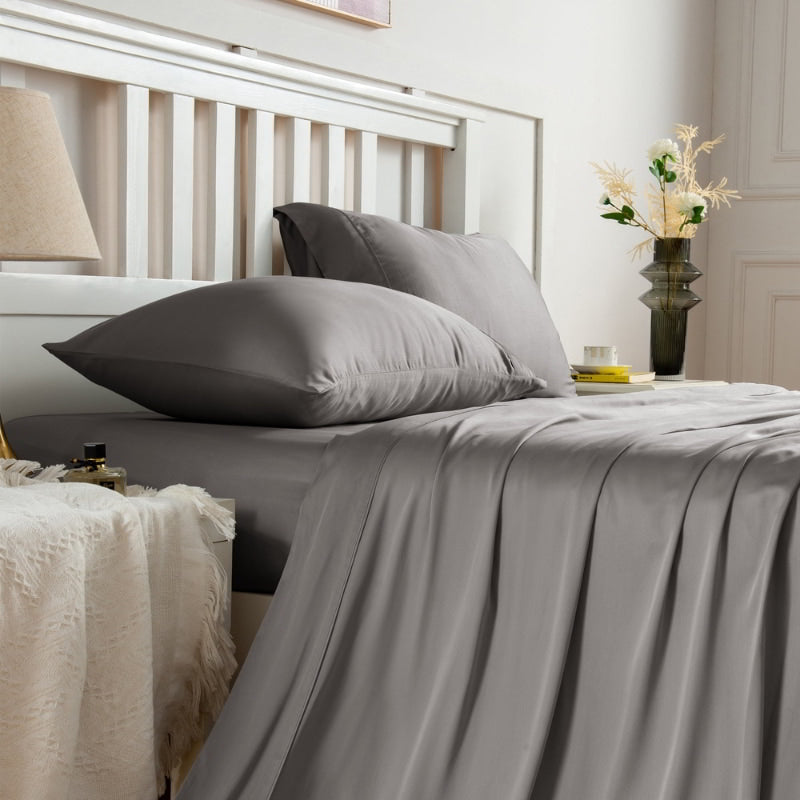 alt="Side view of charcoal sheet sets produce a lustrous silky smooth fabric to your bedroom"