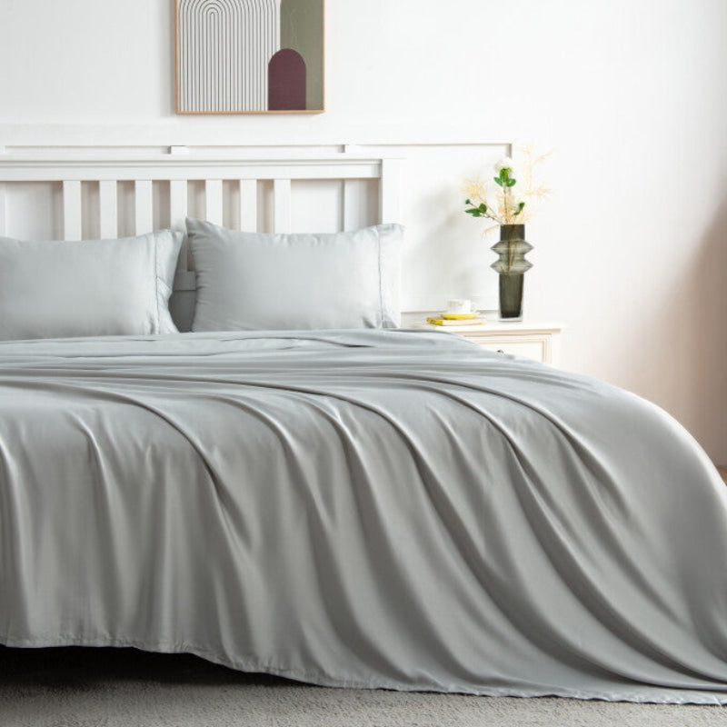 alt="Front view of silver sheet sets produce a lustrous silky smooth fabric to your bedroom"