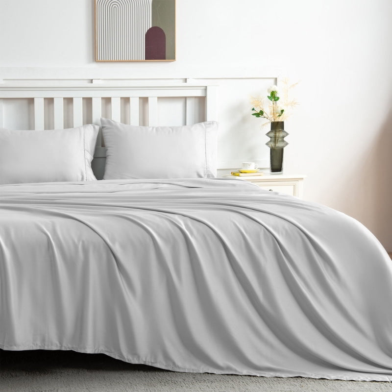 alt="Front view of light grey sheet sets produce a lustrous silky smooth fabric to your bedroom"