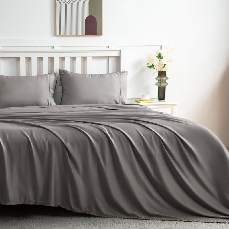 alt="Front view of charcoal sheet sets produce a lustrous silky smooth fabric to your bedroom"
